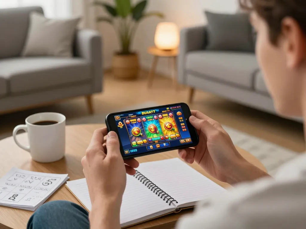 Engaging player exploring BUKA77 slot games on smartphone in a cozy home setting.