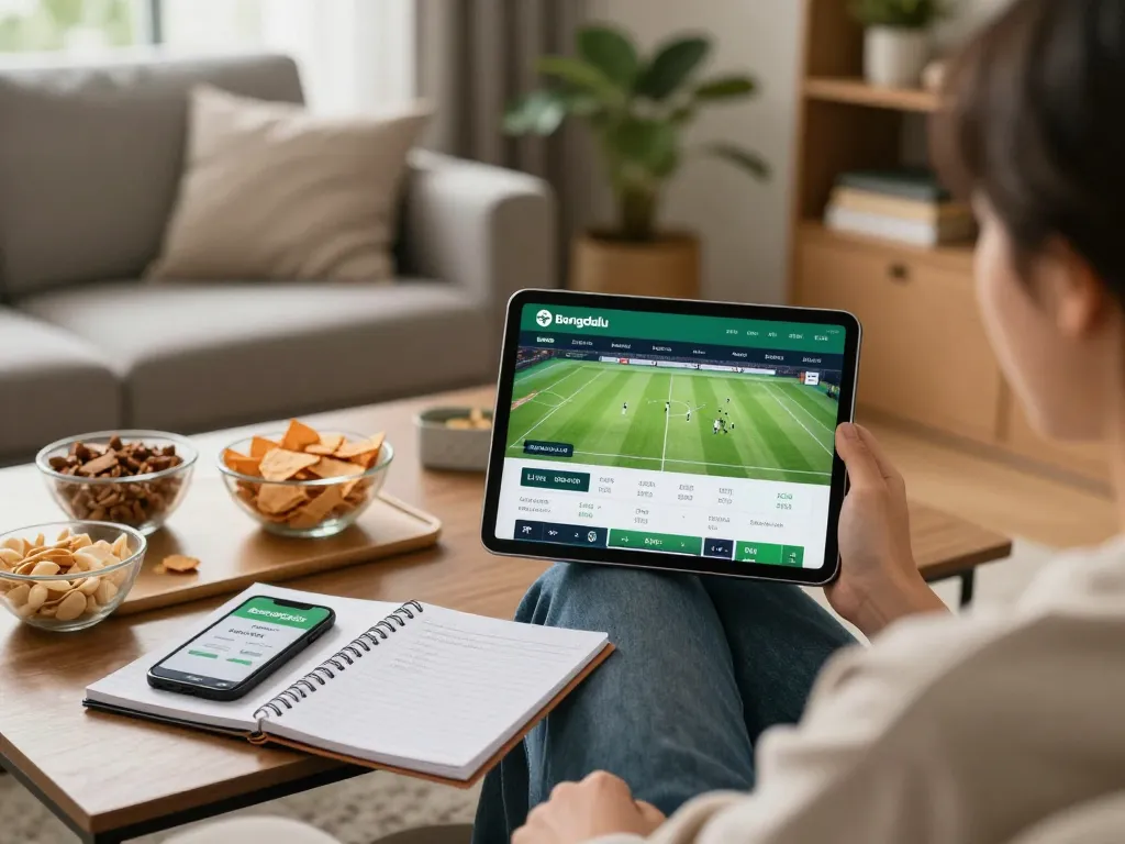 Bongdalu live scores on tablet as user engages in responsible online betting, cozy home atmosphere.