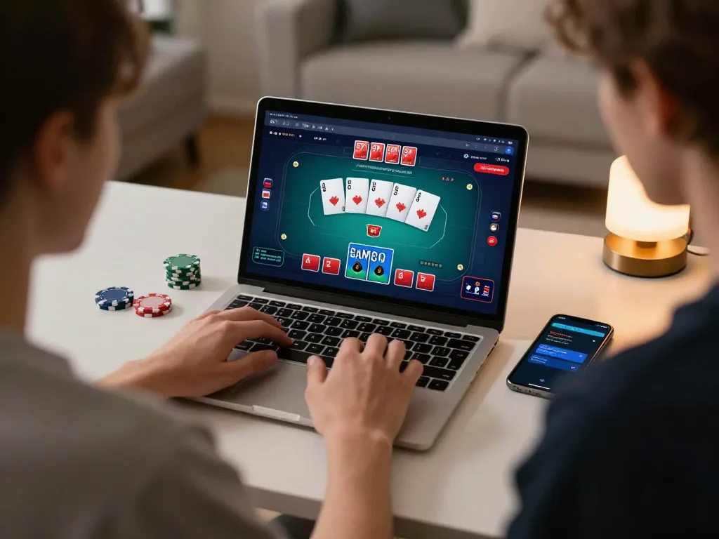 Engaging moment of a player focused on tr88 online poker game on a laptop at home, showcasing strategy and gameplay.