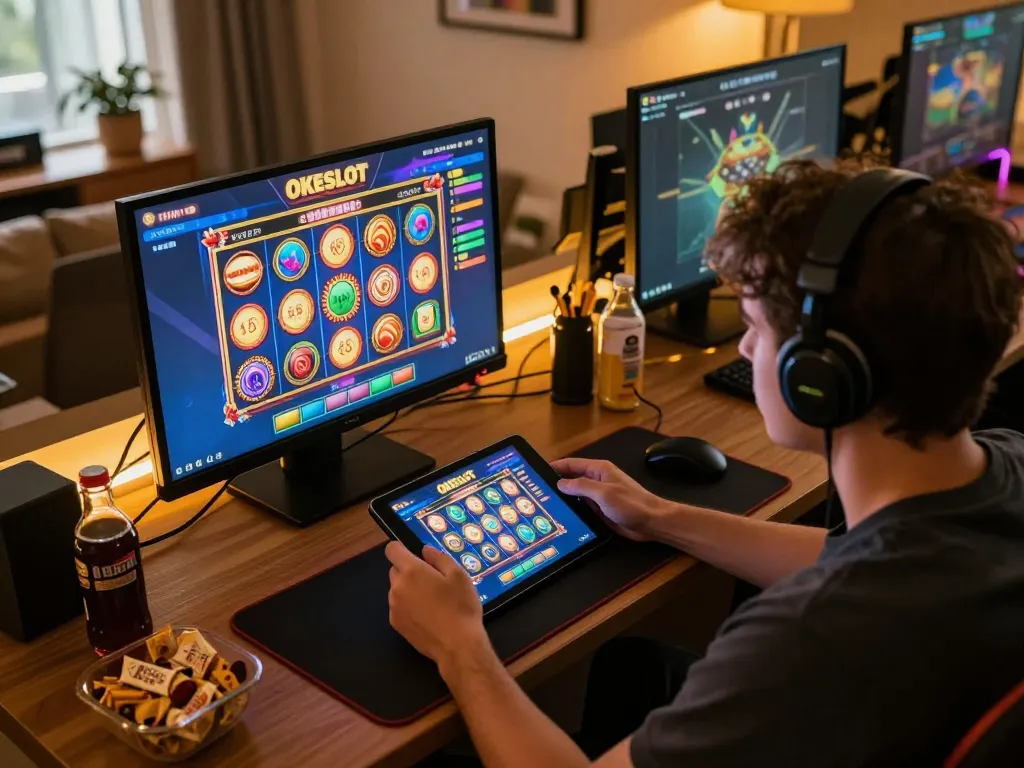 Player engaging with slot games on OKESLOT platform in a cozy home gaming setup