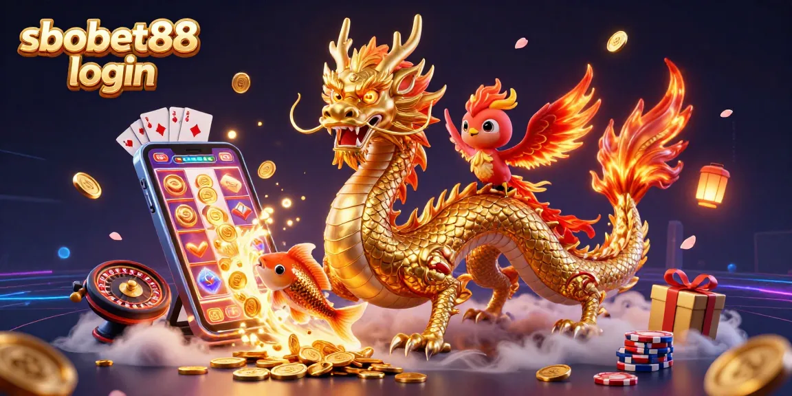 Experience exciting sbobet88 login action with a dynamic scene of a dragon, phoenix, and koi fish amidst vibrant gaming elements.