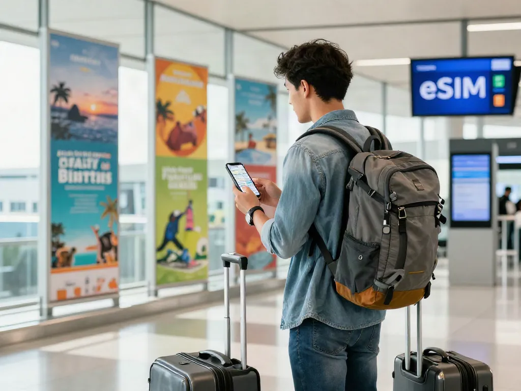 אדם מחזיק סמארטפון עם Esim לחול בשדה תעופה, מוכן להרפתקה