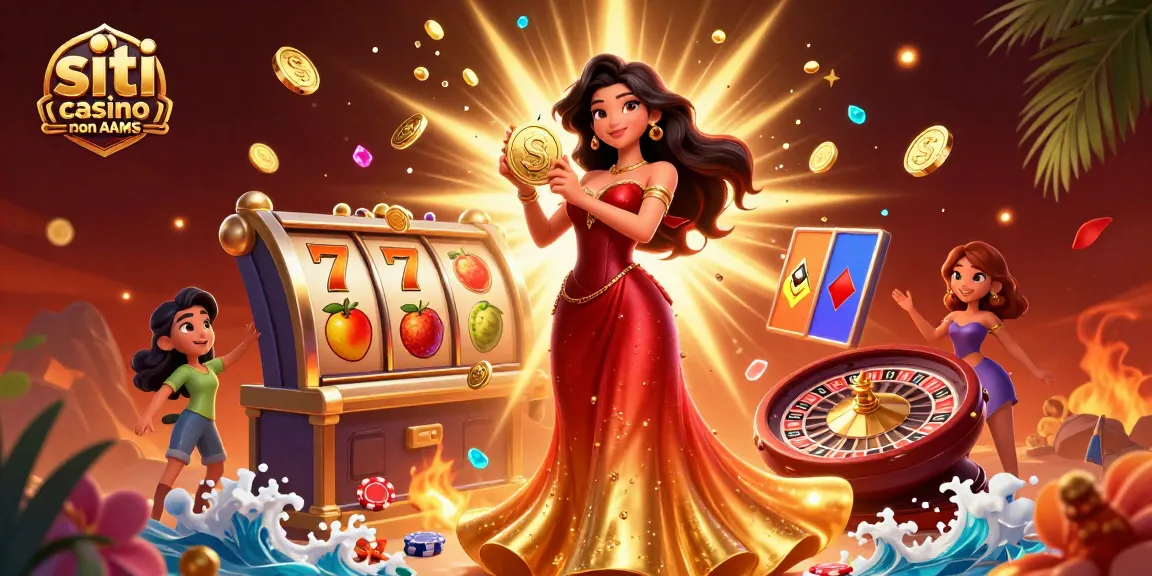Scopri l'emozione dei siti casino non AAMS con slot machine vivaci, monete e una donna straordinaria che simboleggia la fortuna.