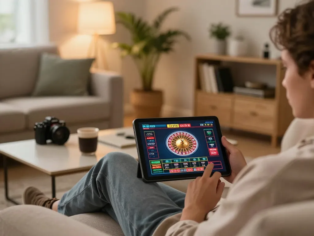 Engaged user playing live dealer roulette at home on cm88-yu tablet, showcasing a cozy gambling environment.