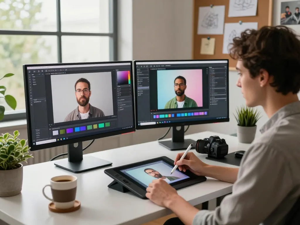 Designer utilizing Nano Banana 2 AI image editor in a modern workspace.