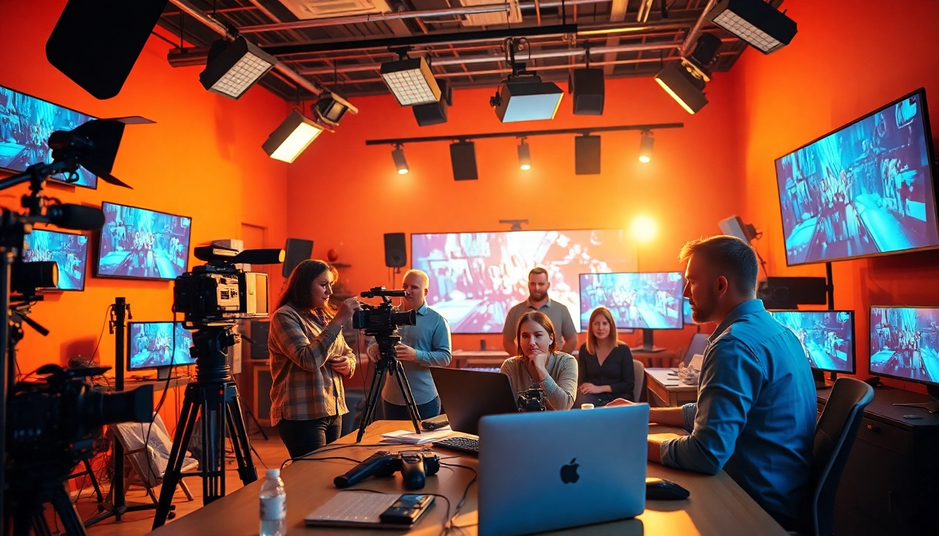 Engaged team at edmonton production companies collaborating on a vibrant film project.