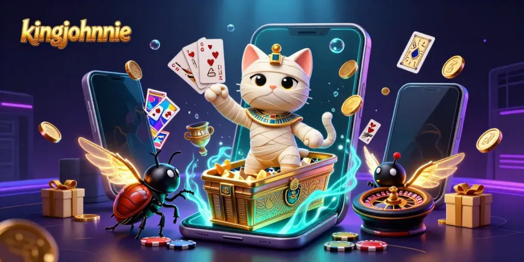 Experience thrilling moments at kingjohnnie casino with an Egyptian mummy cat and scarab beetle.