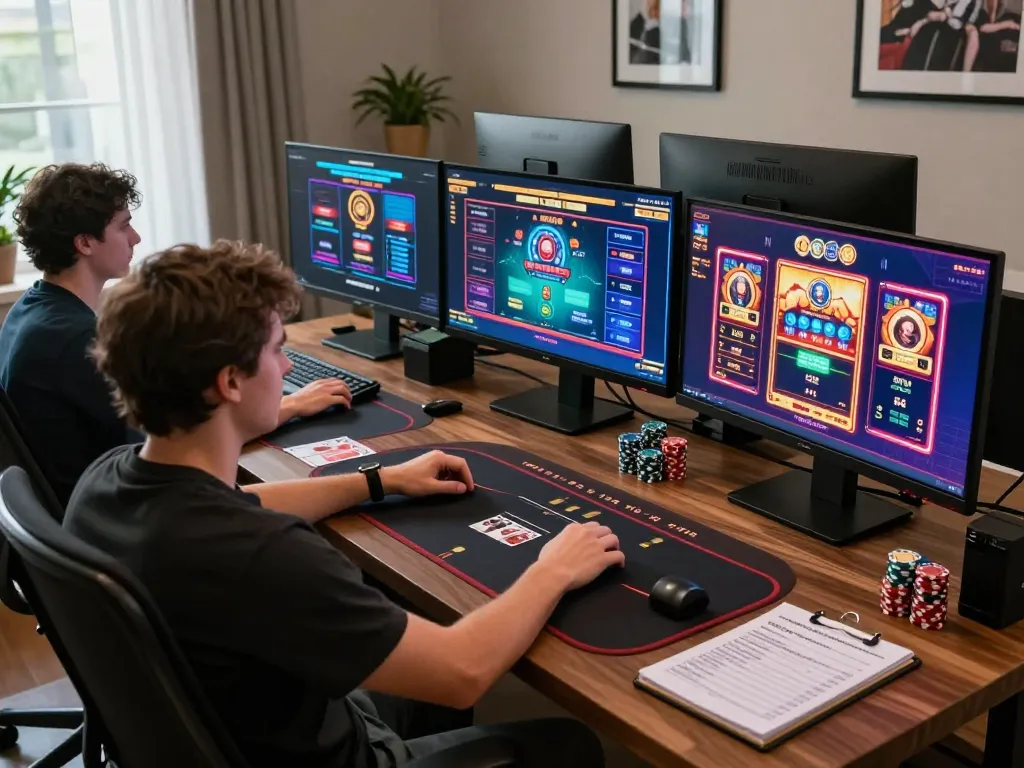 Enthusiastic gambler using manclub on multiple screens in a stylish home office.