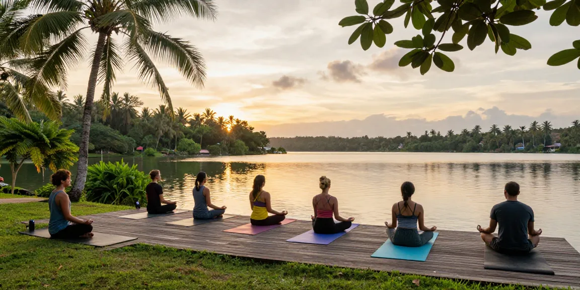 Yogis practicing on the lakeside during the 200hr yoga teacher training sri lanka program at Lanka Yoga, reflecting serenity.