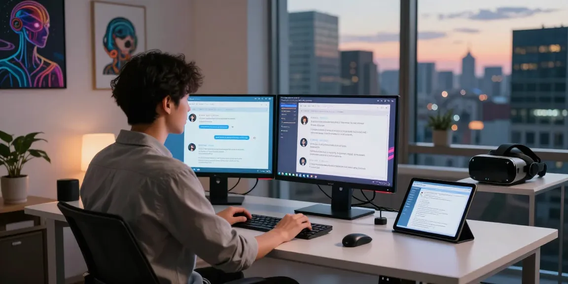 Engaging with nsfw ai chatbot in a modern digital workspace featuring dual monitors and sleek tech gadgets.