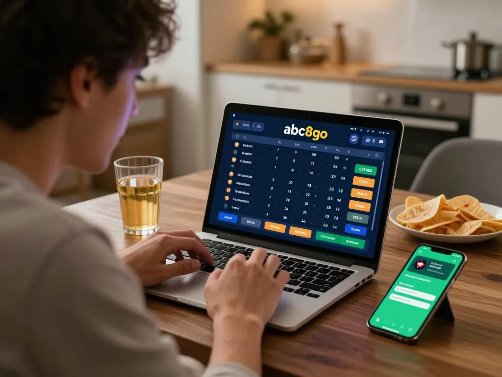 Placing bets on abc8go sports interface while analyzing odds in a cozy home environment.