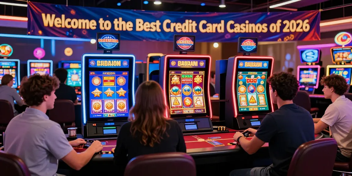 Dynamic scene at a credit card casino with players engaging in games and using credit cards for deposits.