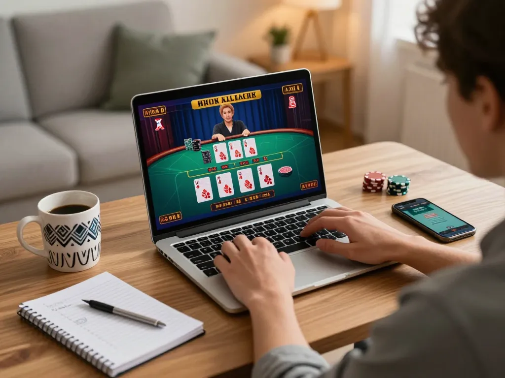 Engaging in online live casino games at https://m-100cuci.net/ in a cozy home setup.