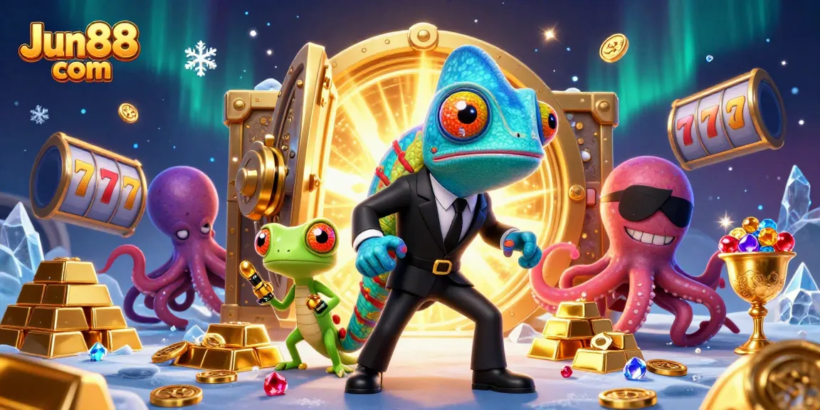 Engage with exciting gameplay at Jun88 com featuring vibrant 3D casino characters surrounded by dazzling treasures.