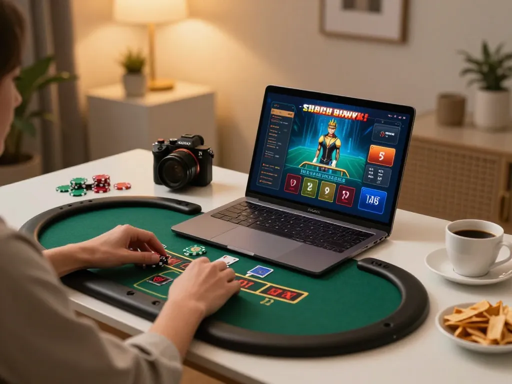 Player enjoying g28-t1 live dealer blackjack on laptop in a cozy home setting with warm lighting