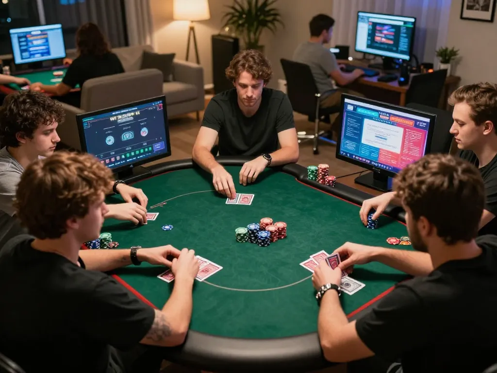 Players engaging in an online poker game, understanding Điều Khoản & Điều Kiện to enhance their strategic gameplay experience.