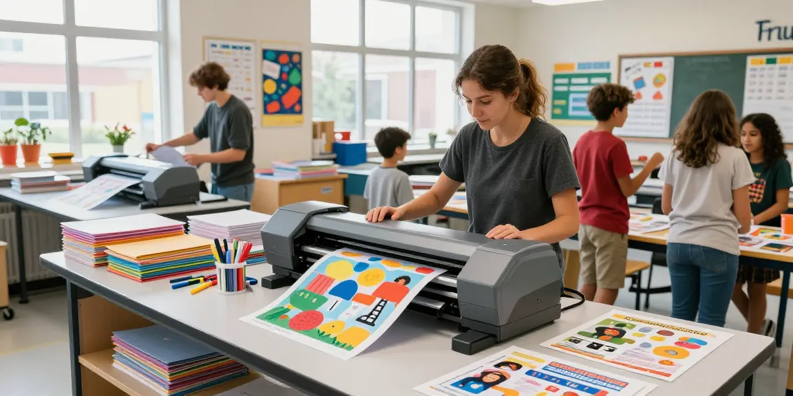 Poster Printers for schools showcasing vibrant educational posters in a lively school print shop.
