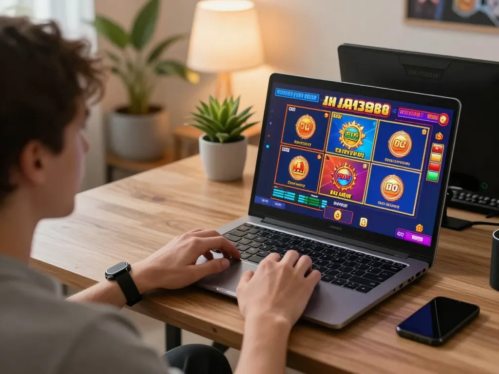 Engaging in exciting slot88 gameplay on a laptop in a cozy home setting, showcasing modern gaming