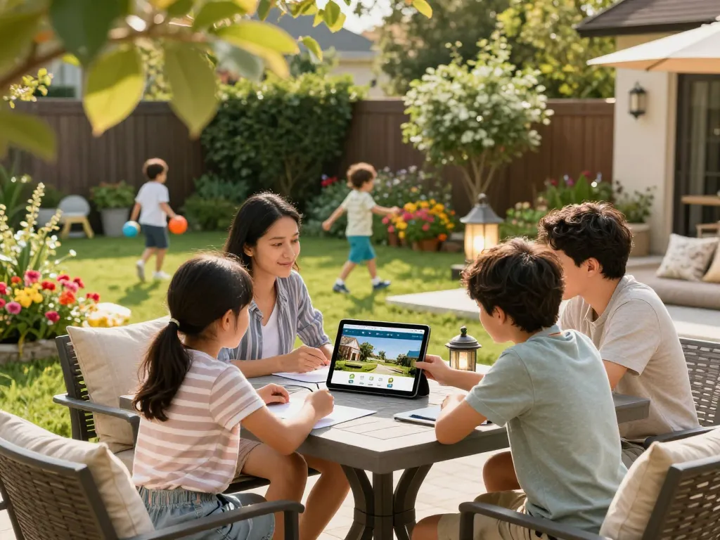 Family using an outdoor living configurator to design their dream backyard in a lush garden setting.