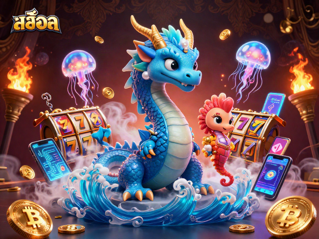 Engage with สล็อต and striking visuals of a dragon, seahorse knight, and slot reels for interactive gaming.