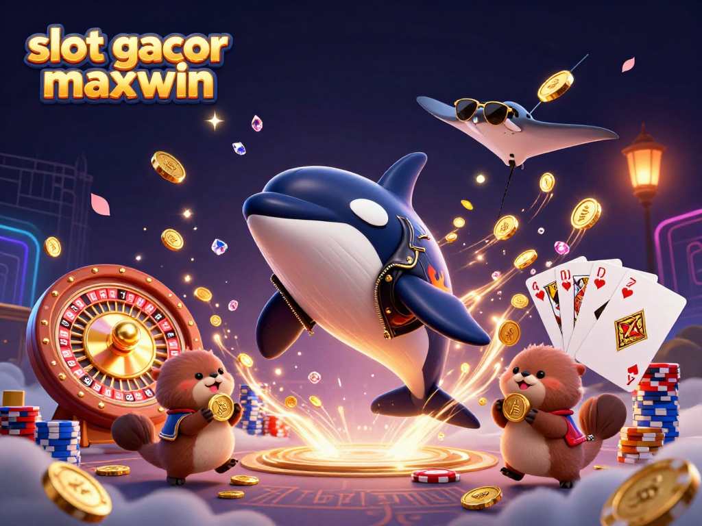slot gacor maxwin menampilkan orca, stingray, dan berang-berang yang terbang di antara koin emas.