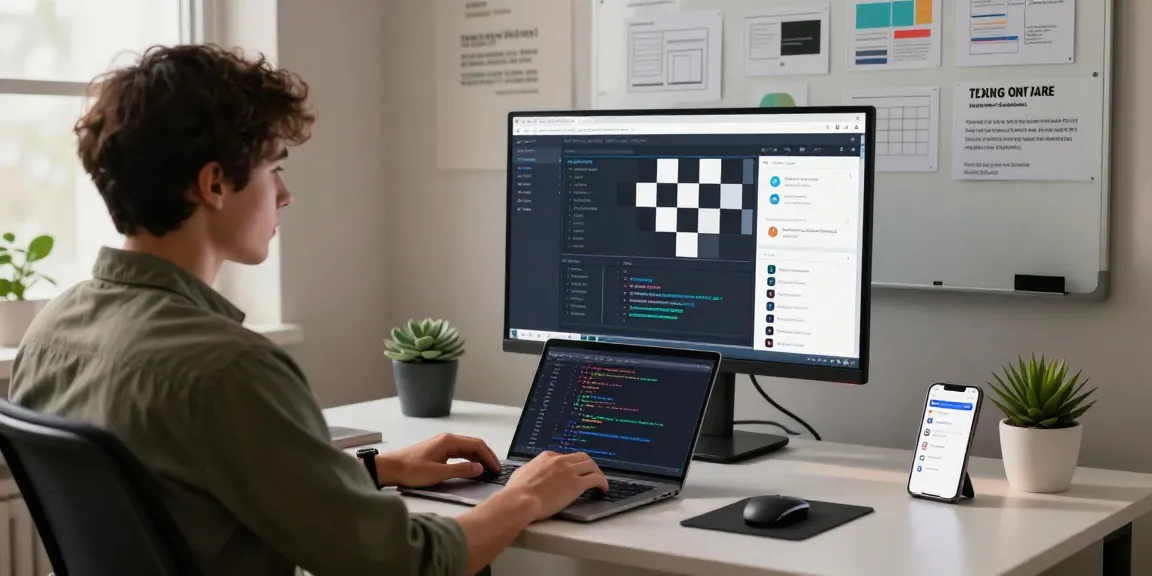 Developer using a responsive checker tool in a modern workspace to improve website design.
