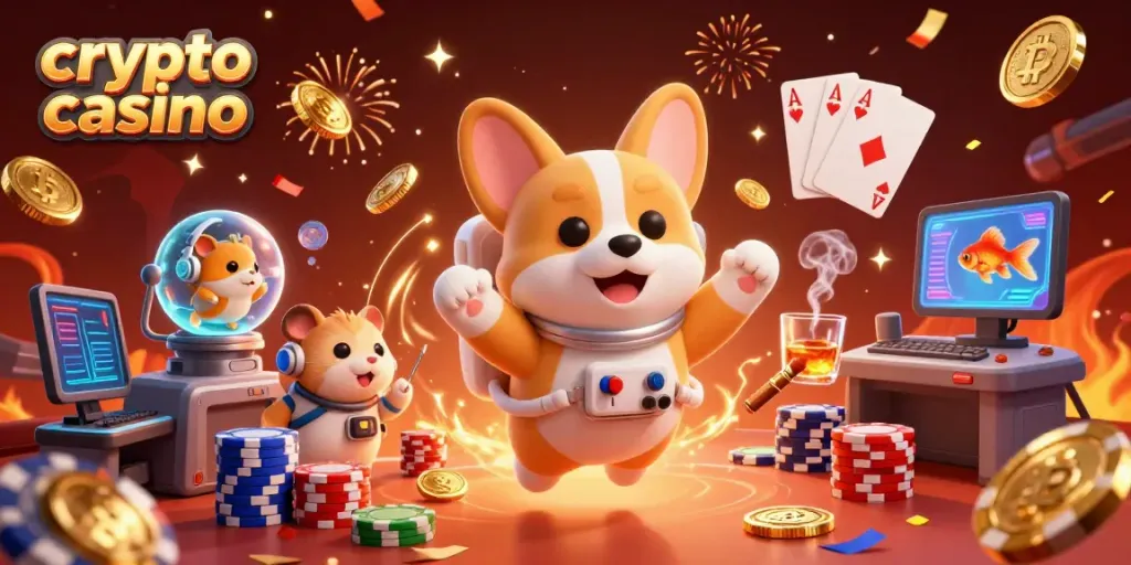 Experience a vibrant crypto casino scene with a 3D astronaut corgi, coins, and poker chips floating in space.