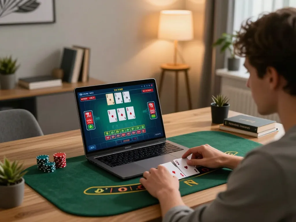 LUCK8 player engaging in live blackjack on laptop in cozy home office