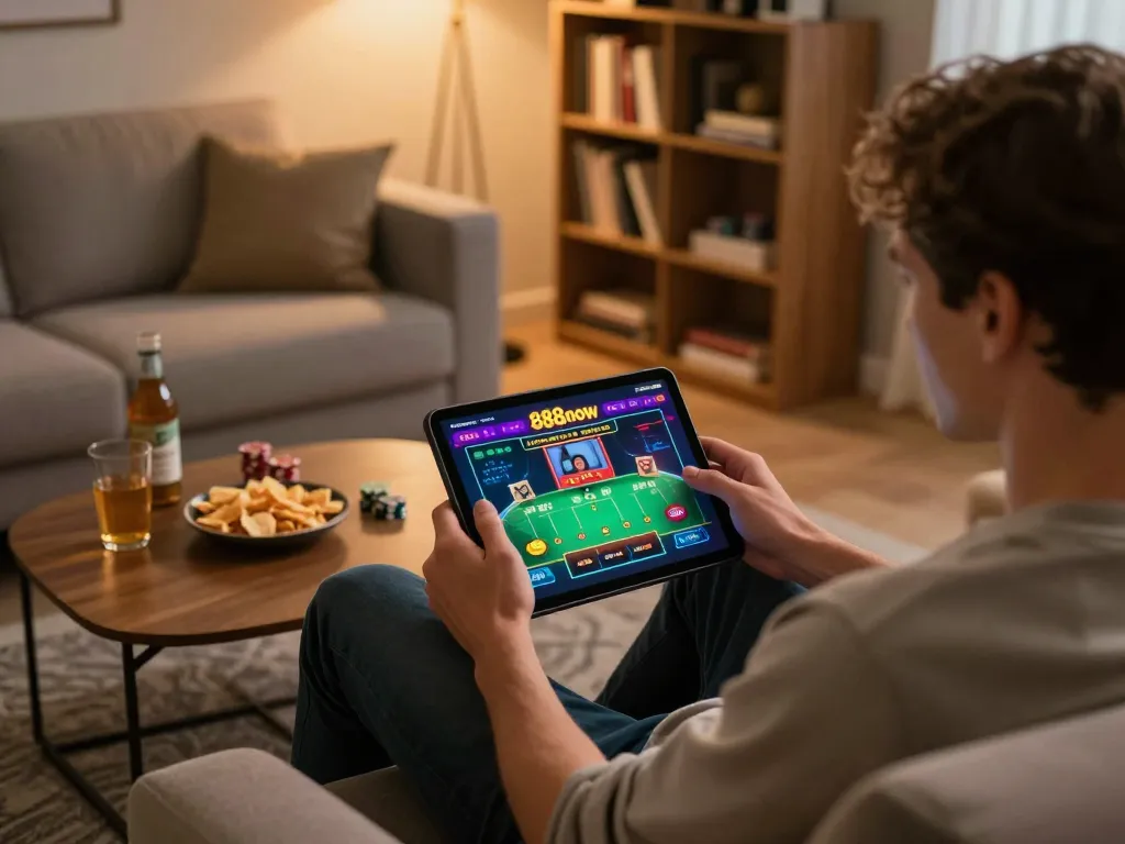 Player engaging with live dealer game on 888now app while relaxing at home.