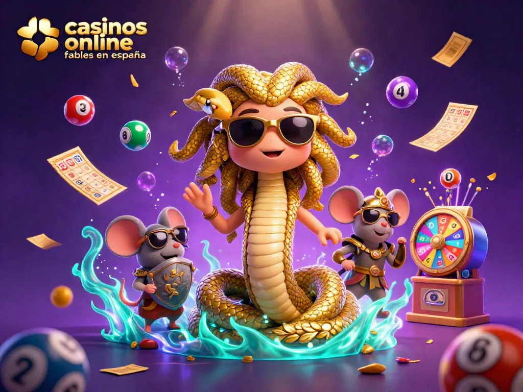Disfruta de los mejores casinos online fiables en España con esta divertida ilustración de Medusa y un guerrero.
