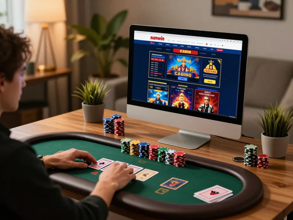 Action-packed online gaming scene displaying sunwin website on a laptop with poker chips and cards on the table