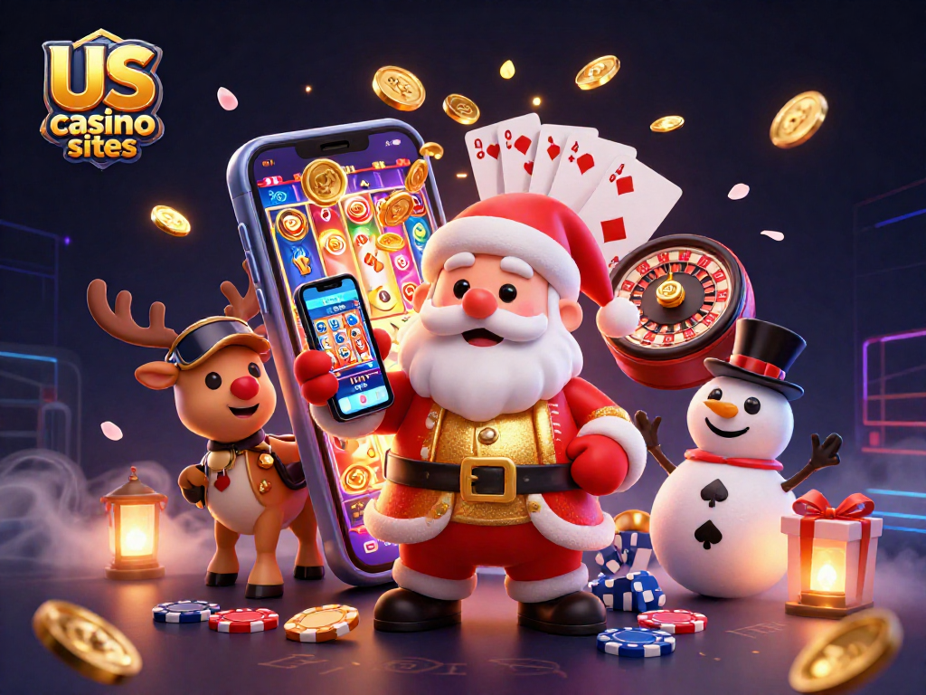 Experience the excitement of us casino sites with a vibrant 3D Santa holding jackpot slots.