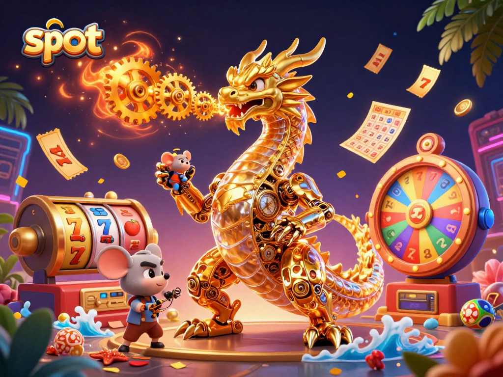 Pertaruhan slot dengan naga emas berteknologi tinggi dan rekayasa mouse menghasilkan uang dengan simbol keberuntungan.