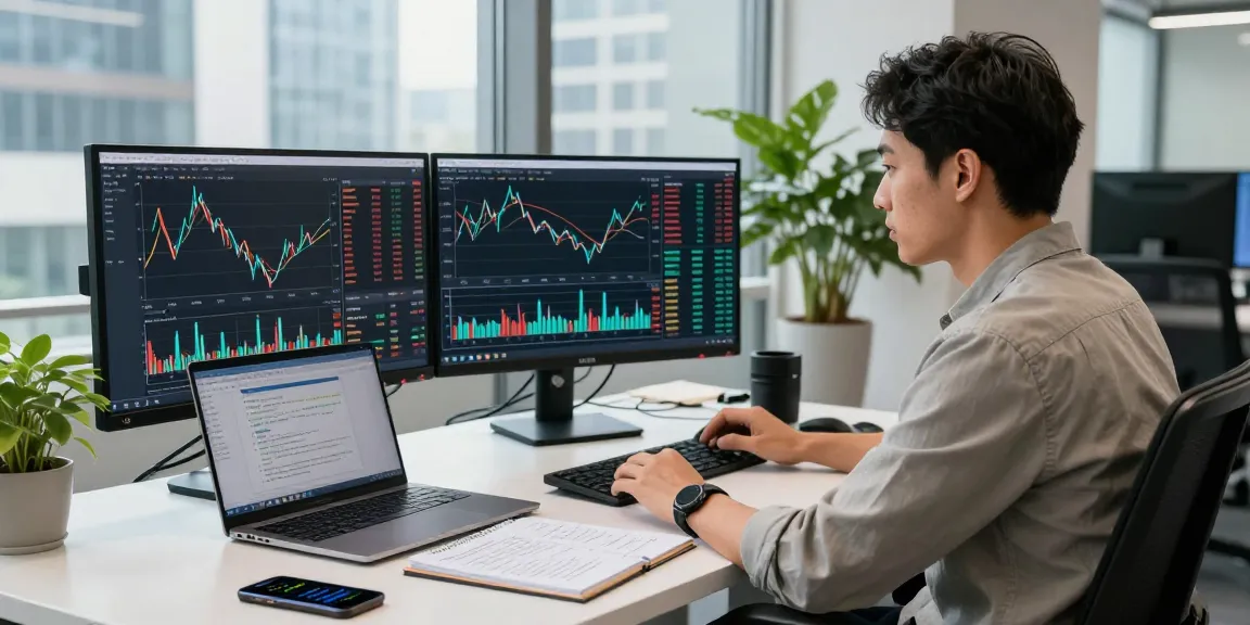 Trader using mt5 on multiple monitors in a modern office.