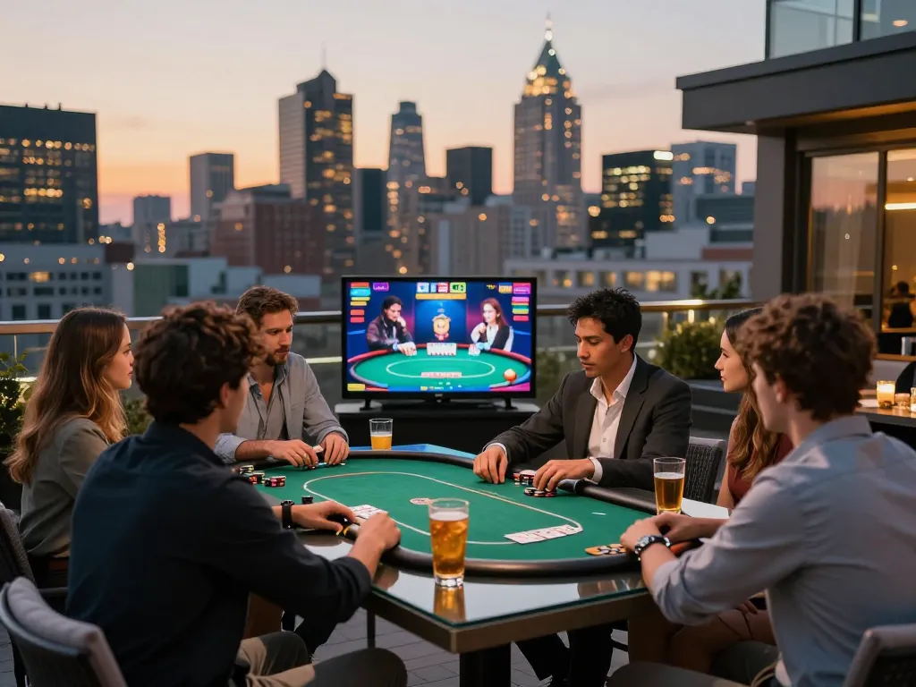 Online-Poker auf einer Terrasse mit Freunden, die die Strategie von Immobilienmakler Frankfurt Sachsenhausen zeigen.