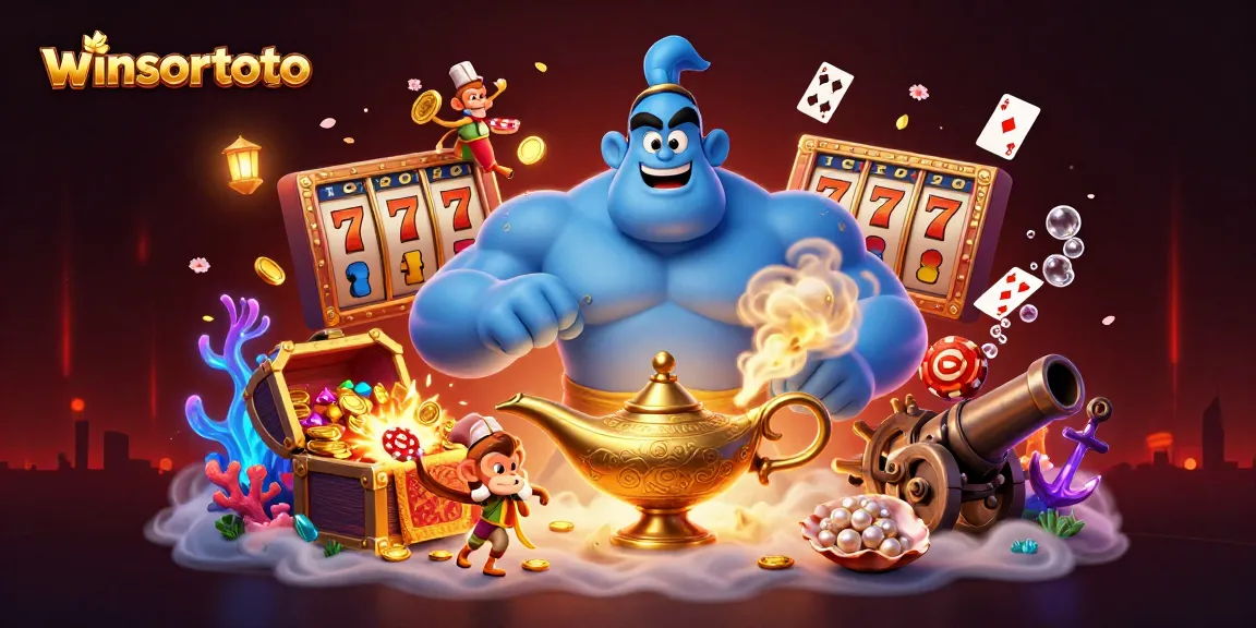 Menghadirkan winsortoto, seorang jin biru besar muncul dari lampu genie, dikelilingi simbol slot, koin emas, dan pemandangan kasino yang berwarna-warni.
