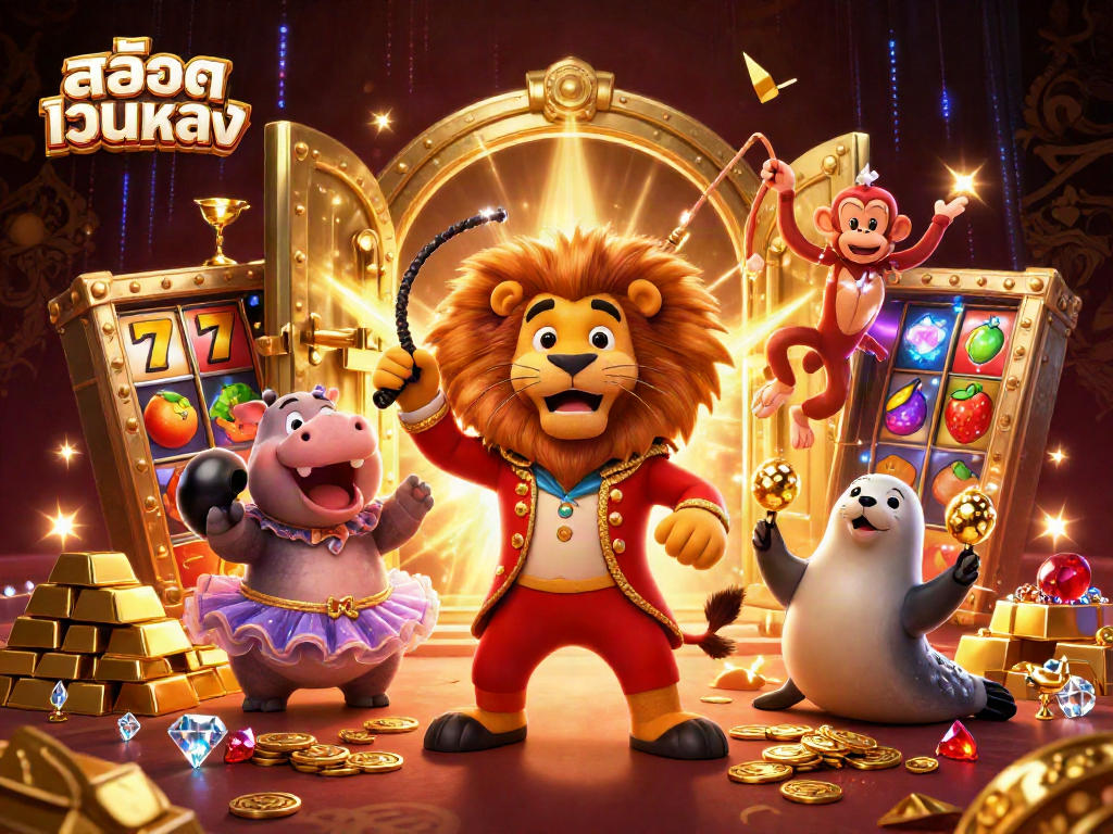 Engage with สล็อตเว็บตรง featuring vibrant 3D casino characters among slot reels and treasures.