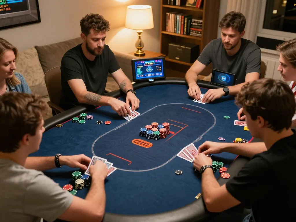 M103 players engaging in a thrilling poker game, showcasing strategy and excitement in a cozy home setting