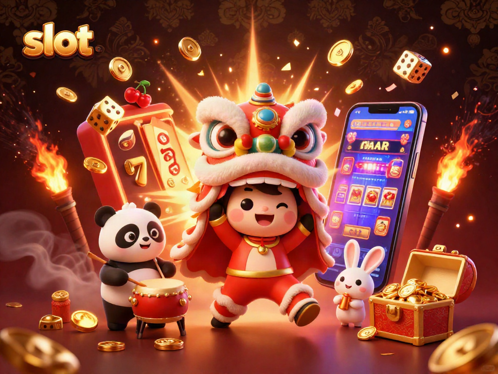 Experience the excitement of slots with a vibrant scene of a lion dance and a jackpot explosion.