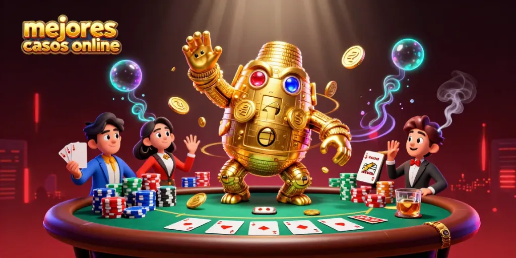 Disfruta de los mejores casinos online con un golem dorado, simbolizando diversión y seguridad al jugar.