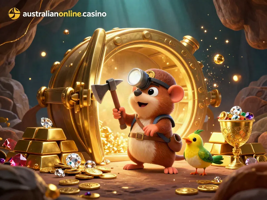 Australianonlinecasino showcasing a treasure hunter mole and canary among gold and gems, capturing the excitement of winning.