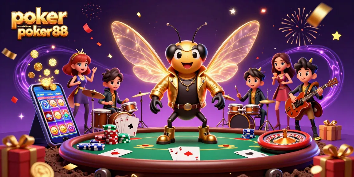 Experience poker online poker88 with a vibrant illustration of a cicada rock star and poker elements in a lively scene.