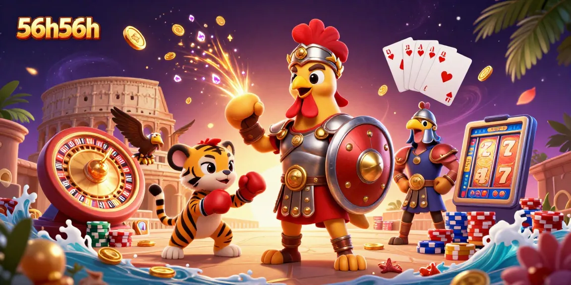 Ilustração 3D do gladiador galo simbolizando 56h56h em um coliseu, com elementos de cassino.