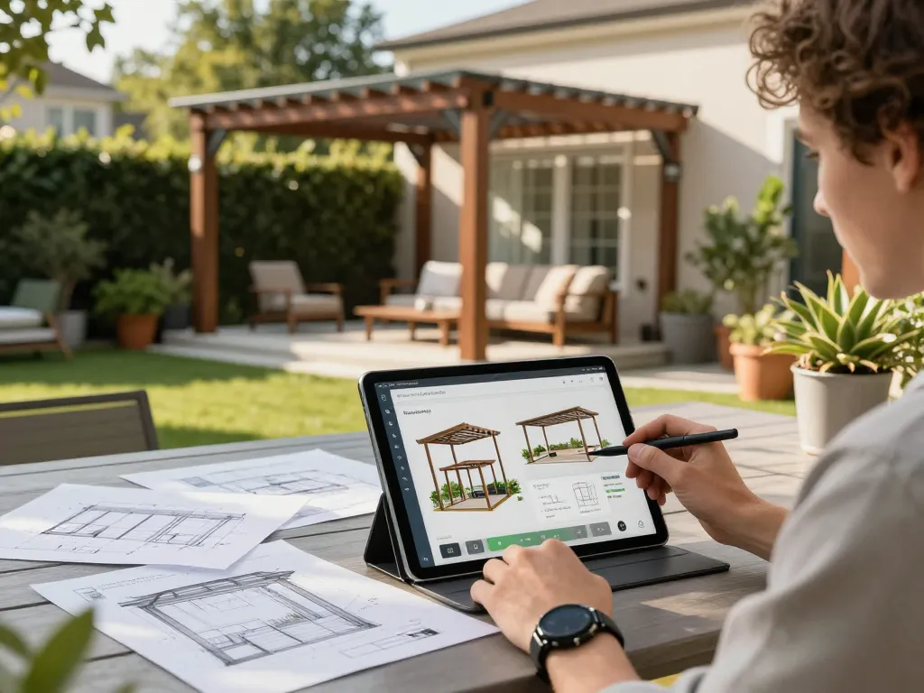 Conception d'une pergola sur mesure à l'aide du logiciel configurateur pergola sur une tablette dans un jardin moderne