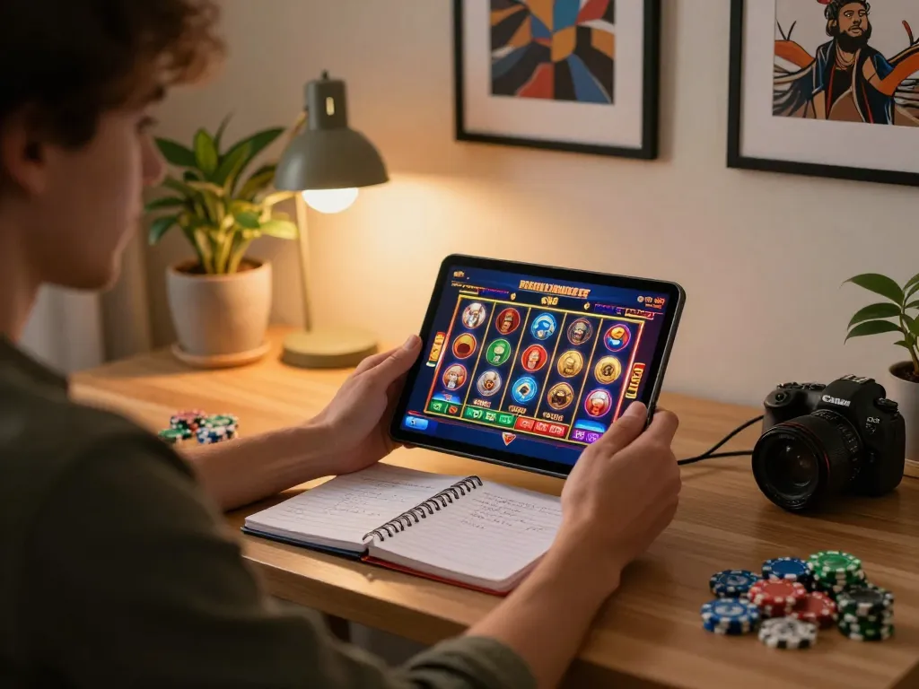 Player enjoying slot deposit 2rb gameplay on a tablet at home, showcasing vibrant gaming scene with strategy notes.