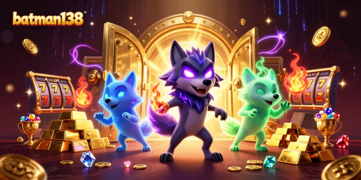 Spin jackpots with batman138: A dynamic casino scene featuring shadow wolves and treasure.