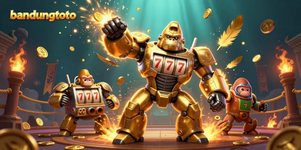 Experience the action at bandungtoto with a dynamic gaming scene featuring a golden gorilla mech.