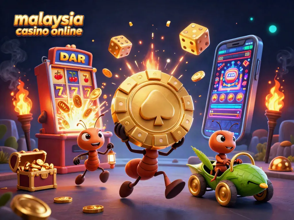 Engaging ants heist scene showcasing malaysia casino online with vibrant gaming elements and action-packed visuals.