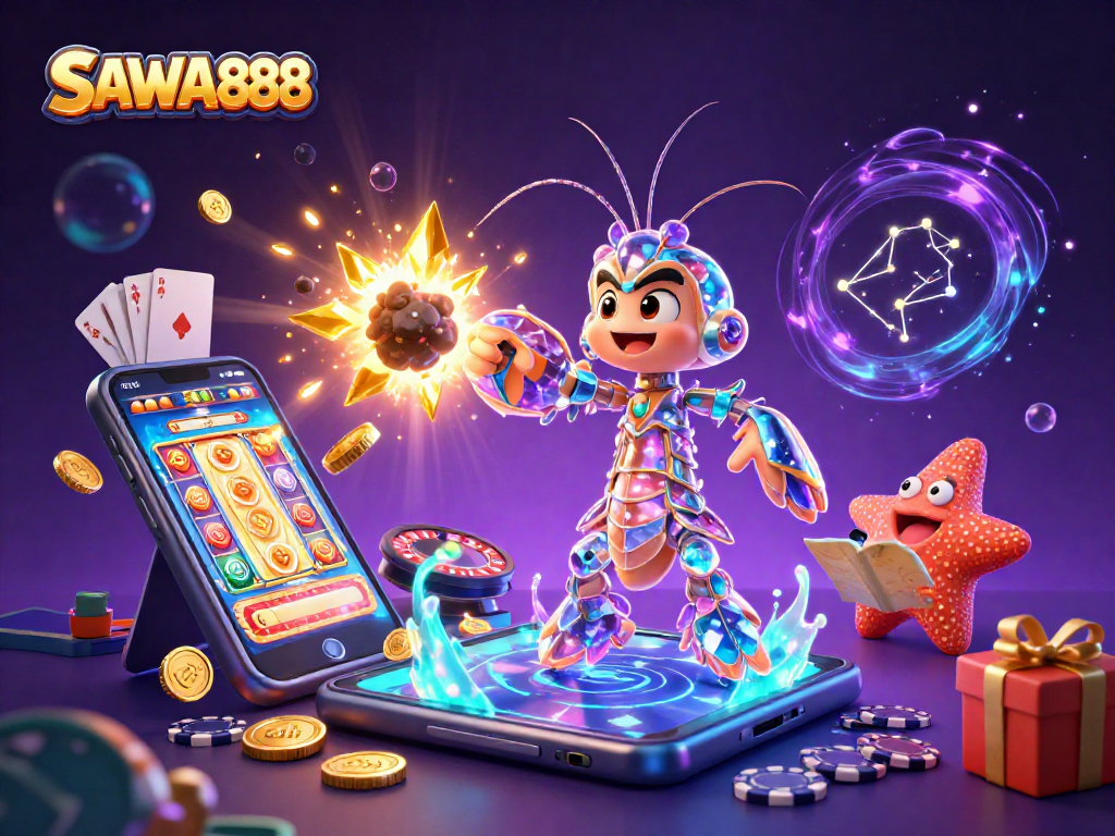 SAWA888 showcases a galactic samurai mantis shrimp triumphing over an asteroid filled with gems and coins.