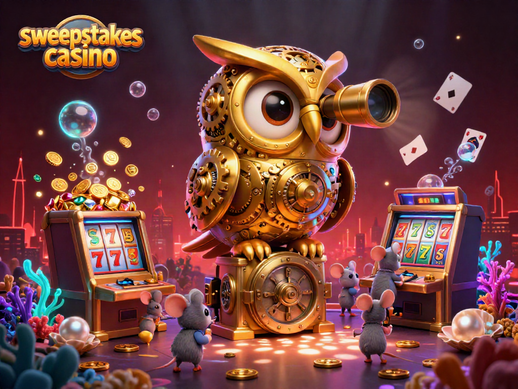 Engage with the sweepstakes casino in this vibrant 3D illustration showcasing a golden owl overseeing playful mice patrons amidst slot machines.